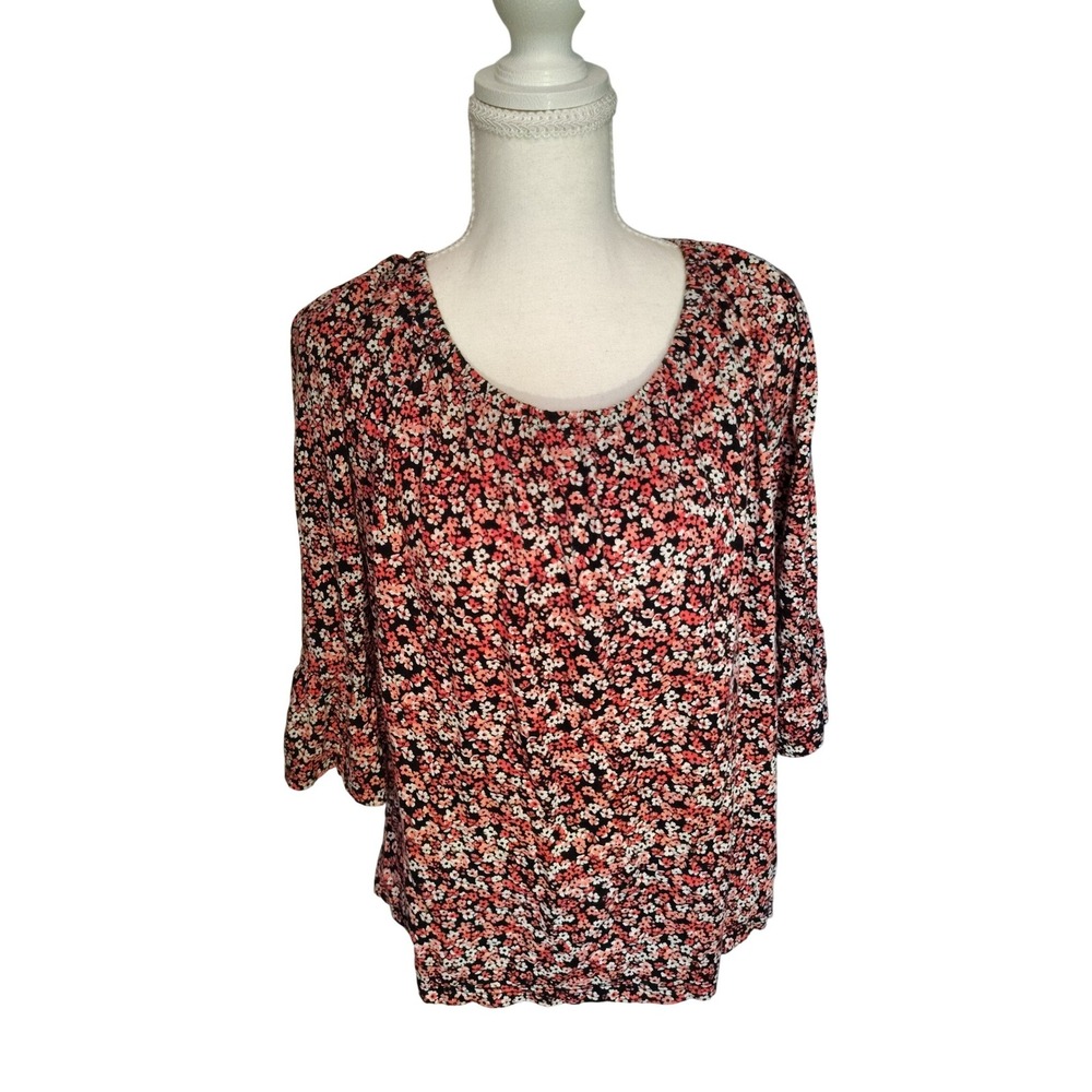 Michael Kors Womens Floral Bell Sleeve Blouse Pink Orange Ditsy Print Size M